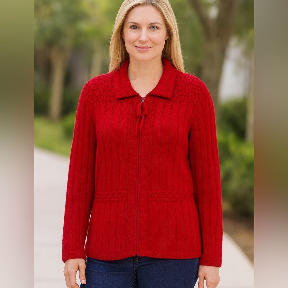 Vintage Lauren Ralph Lauren Hand Knit Red Zip Cardigan Sweater, 2P‎